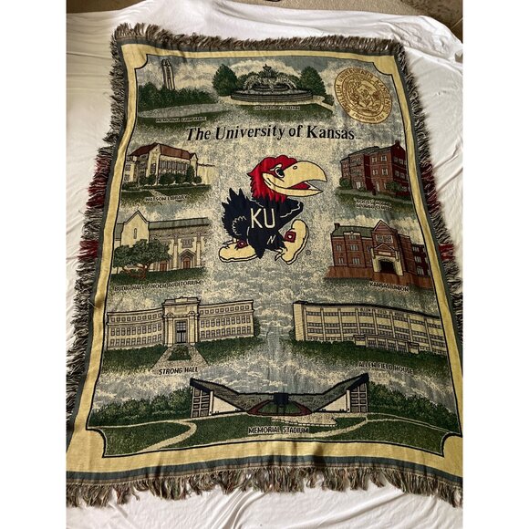 University Of Kansas Jayhawk Tapestry Throw Blanket Featuring Campus Landmarks - Picture 1 of 13